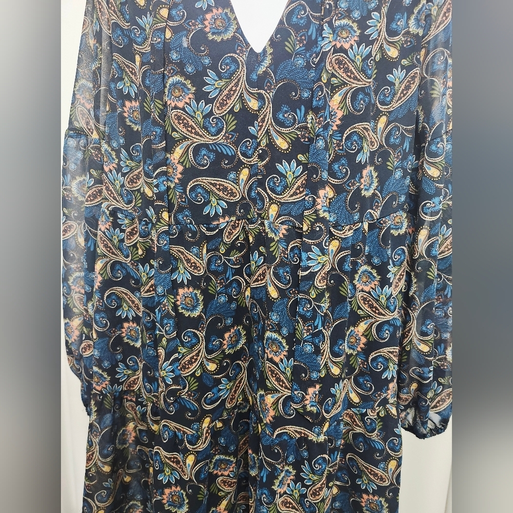 Luxology Blue and Gold Paisley Long Sleeve Flowy Dress - Picture 4 of 7